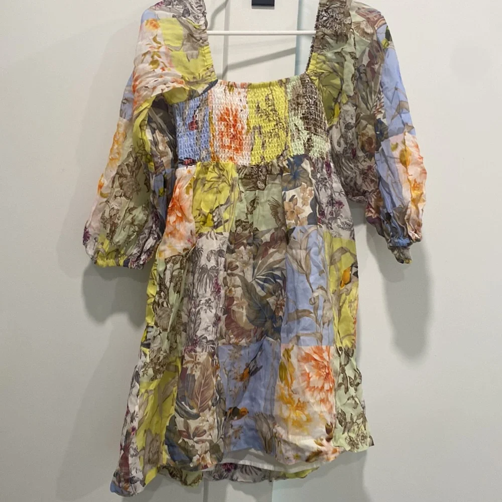 Banana Republic Ramie Twist Dress in Patchwork Blue small petite s p long sleeve - Picture 10 of 11